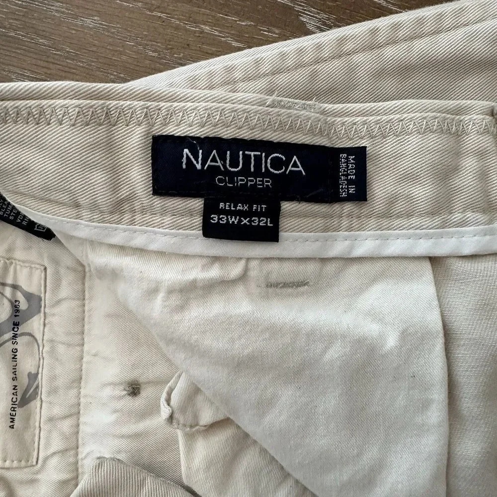 Nautica Clipper 33x32‎ KHAKI Relax Straight Chino Pants Flat Front EXCELLENT
